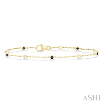 1.8 MM Sapphire and 1/10 Ctw Bezel Set Round Cut Diamond Precious Gemstone Station Bracelet in 14K Yellow Gold